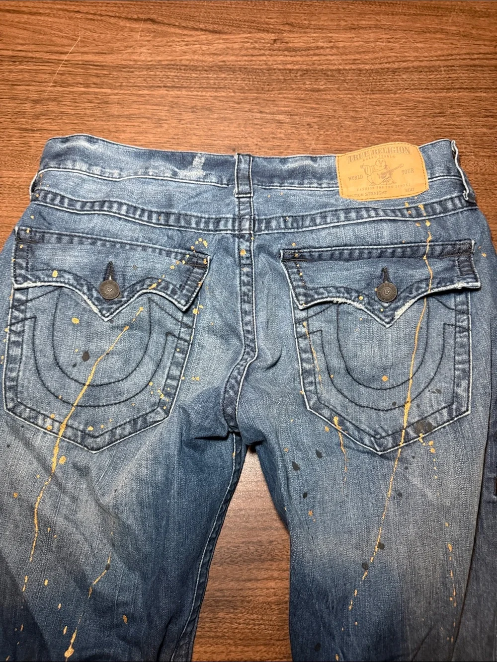 True Religion 36x34 Flap Straight Leg Paint Splatter Jeans